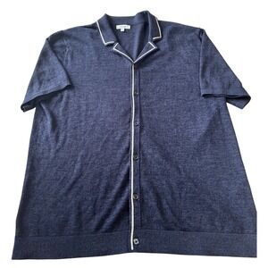Reiss Mens August Linen Blend Knit Camp Collar Shirt Navy Blue XL HS 51.6.192.30